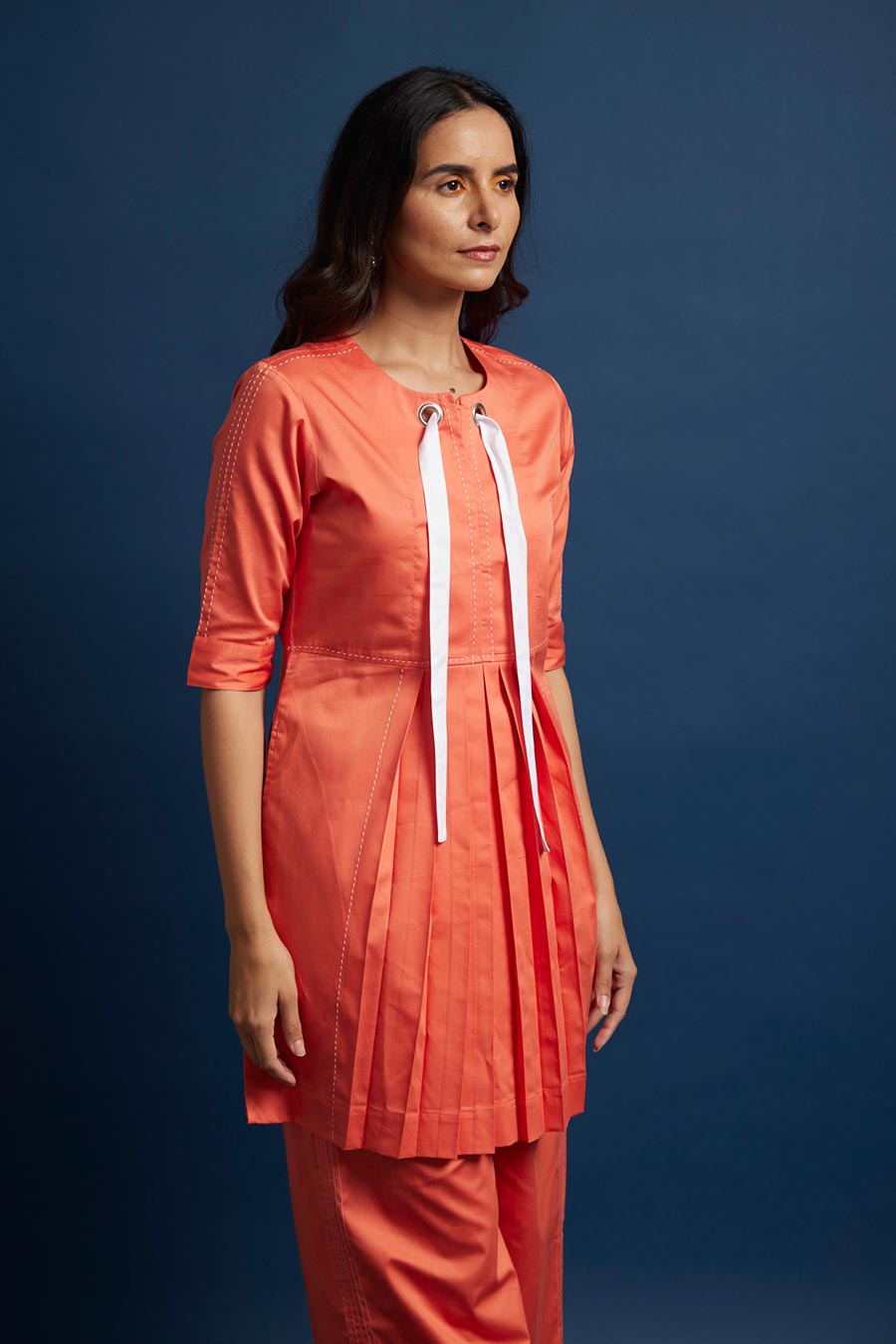 Orange Pleated Drawstring Tunic