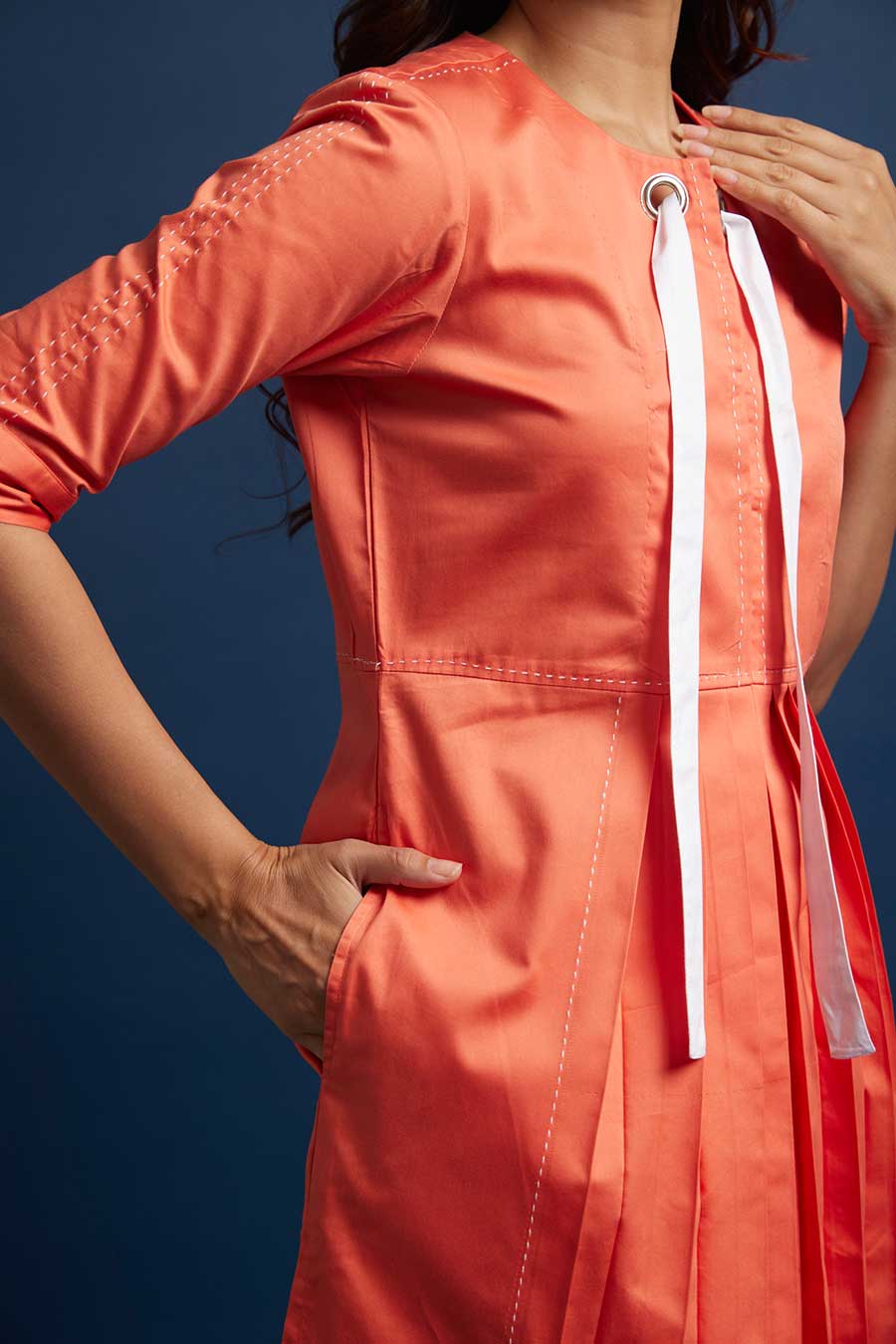 Orange Pleated Drawstring Tunic