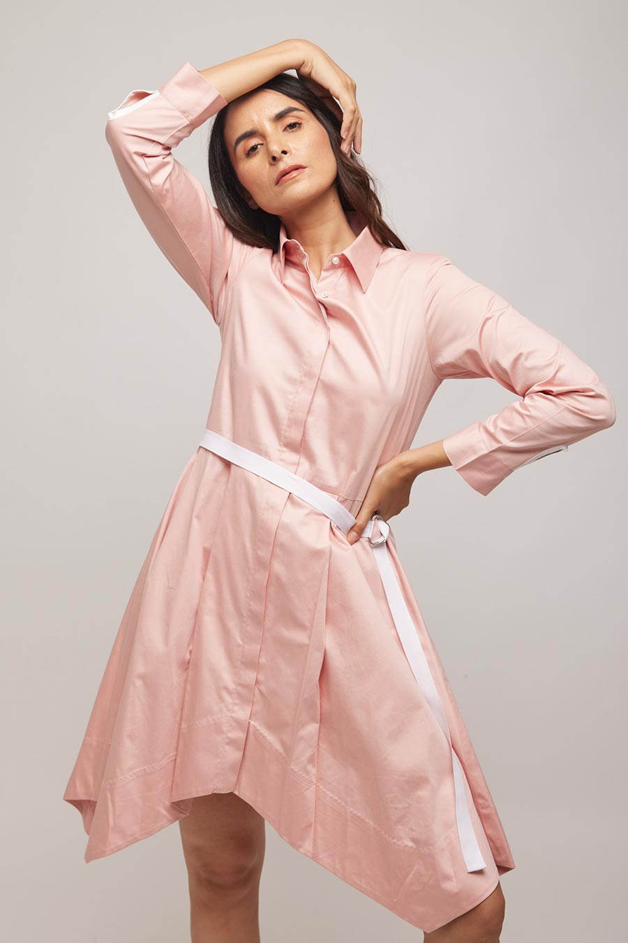Pink Handkerchief Short Dress with Belt