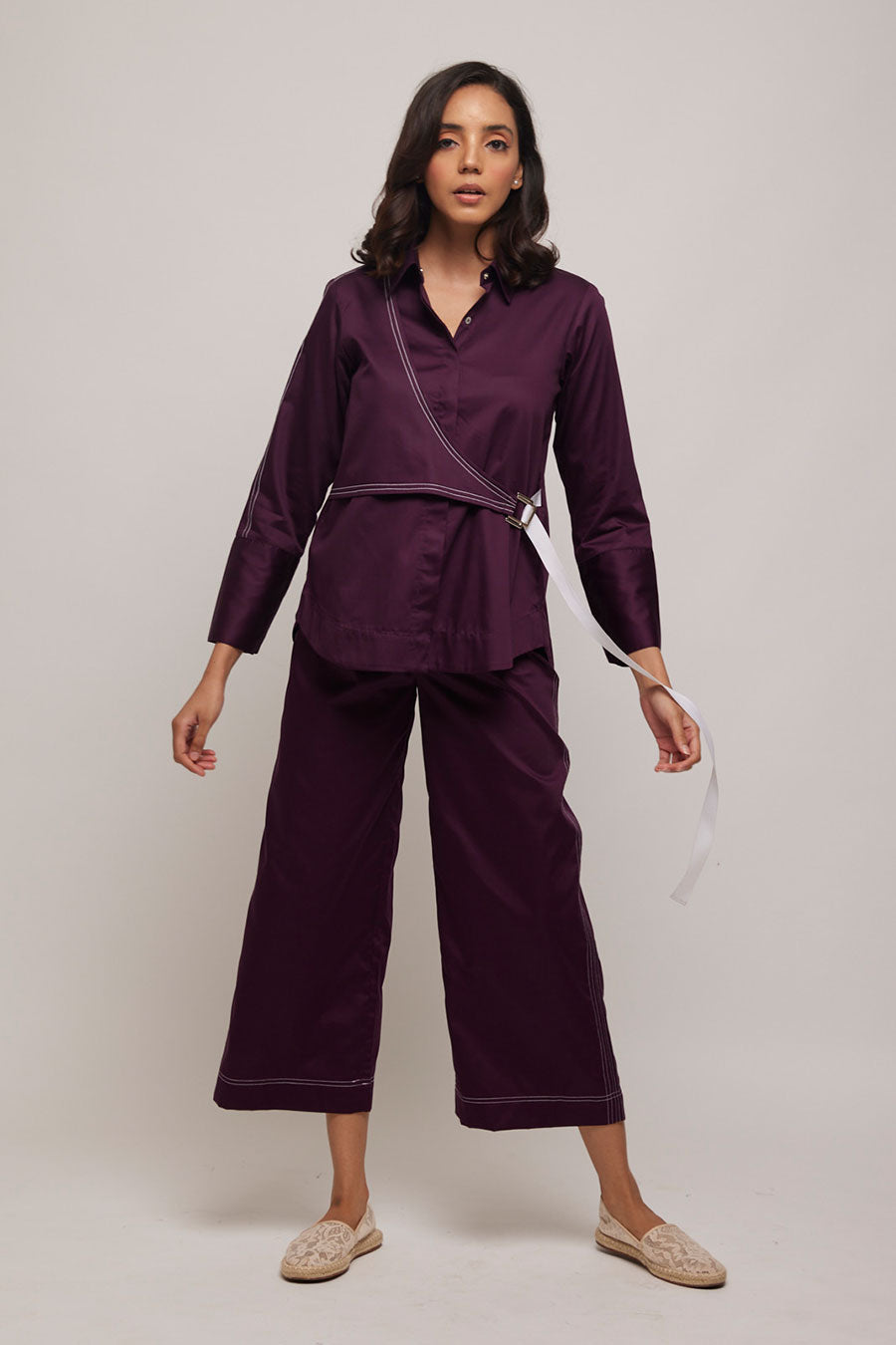 Purple Kantha Stitch Tie-Up Jacket Shirt