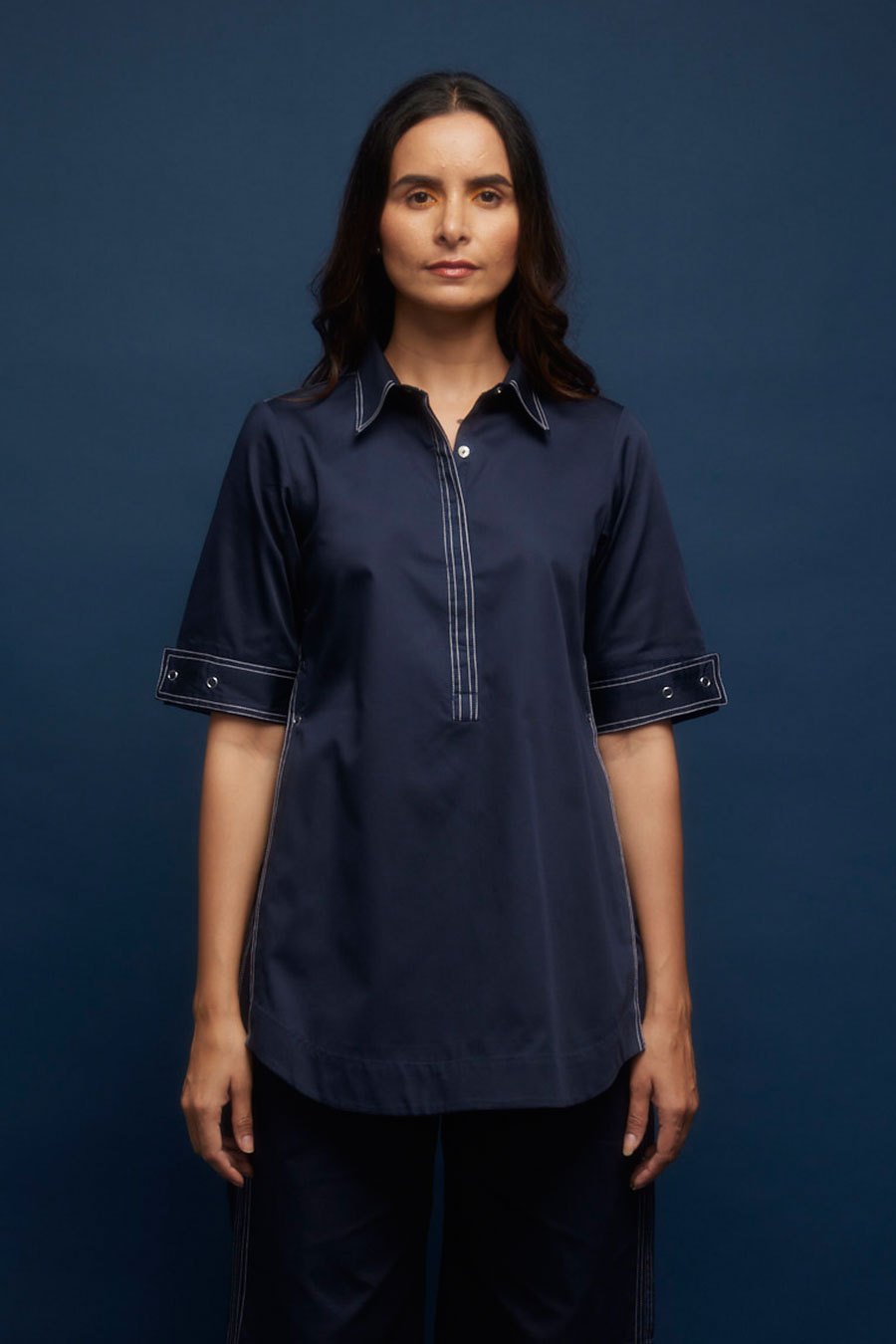 Navy Kantha Stitch Side Open Top