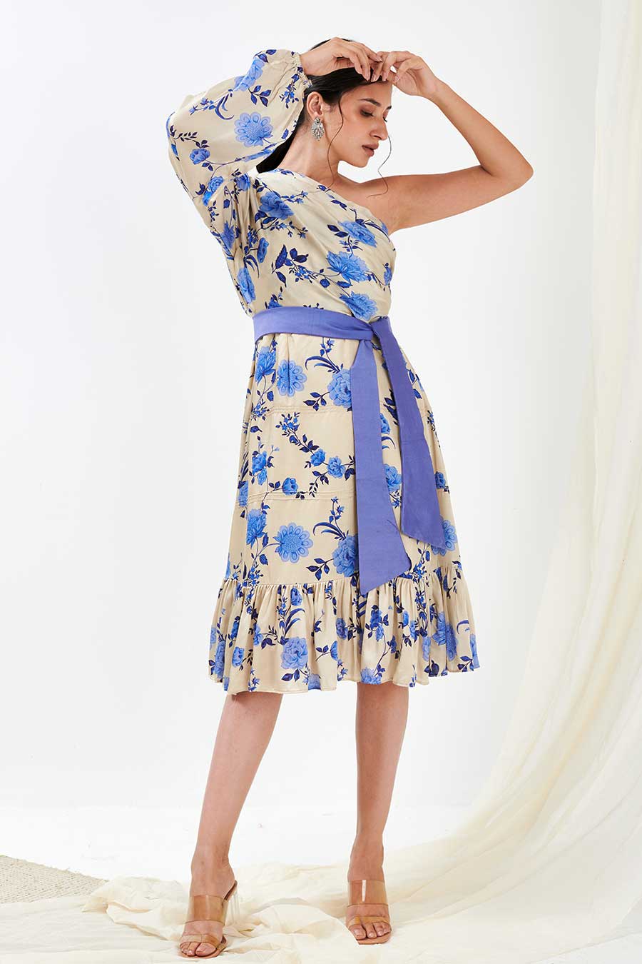 Blue Printed One-Shoulder Dress