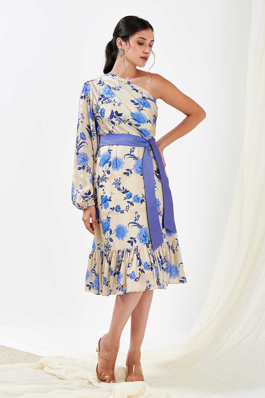 Blue Printed One-Shoulder Dress
