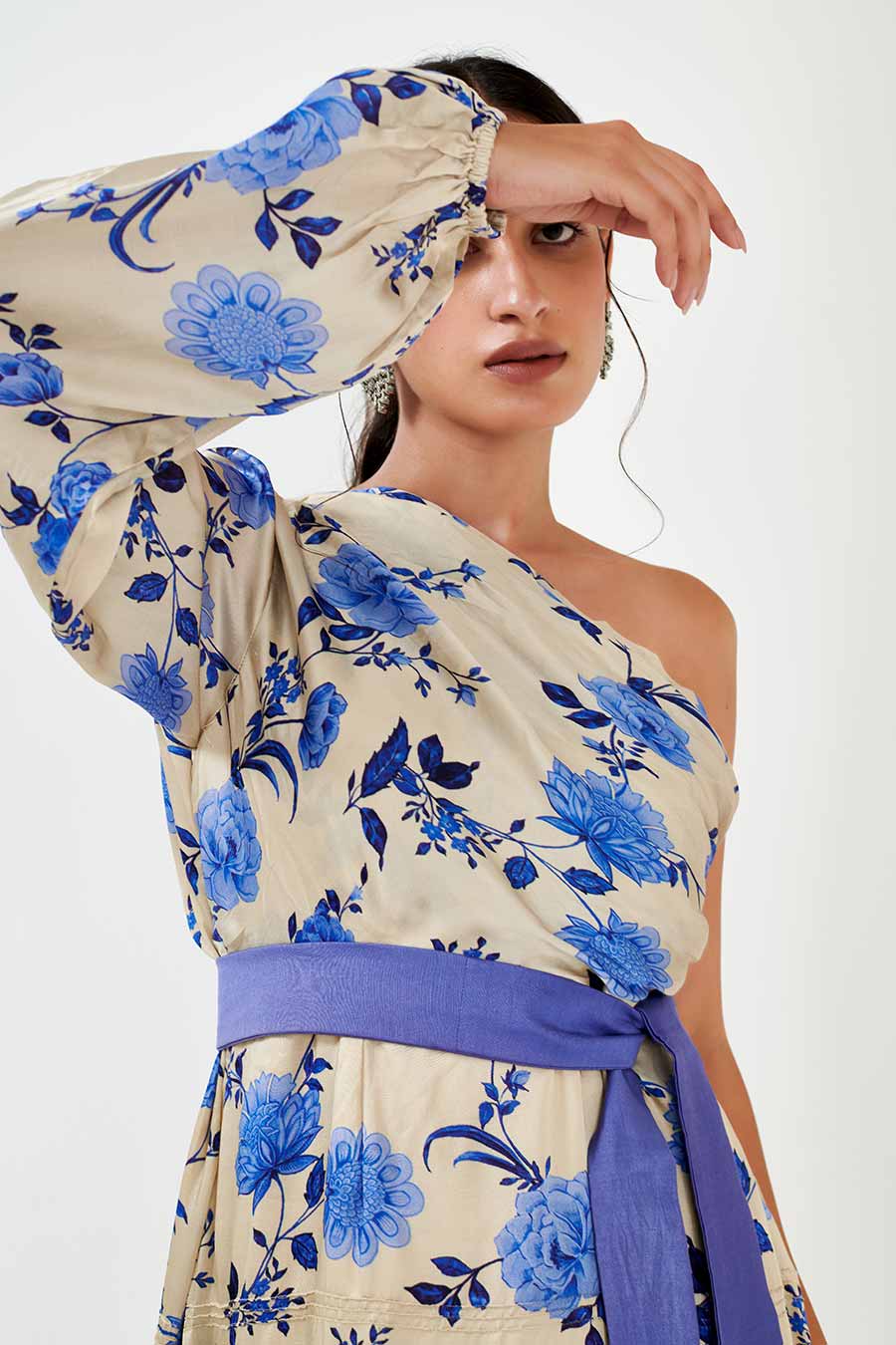 Blue Printed One-Shoulder Dress