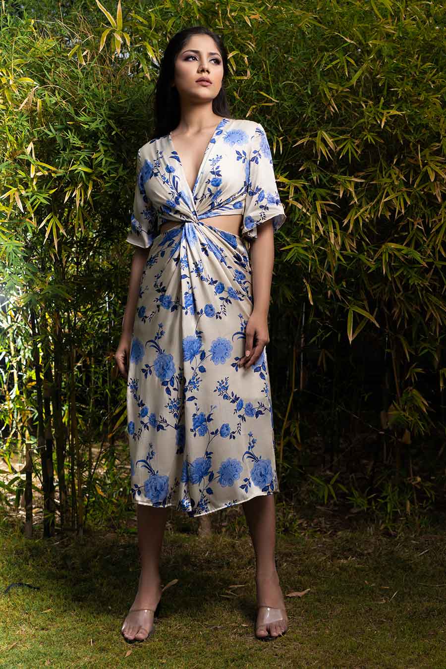Blue Printed Cut-Out Midi Dress