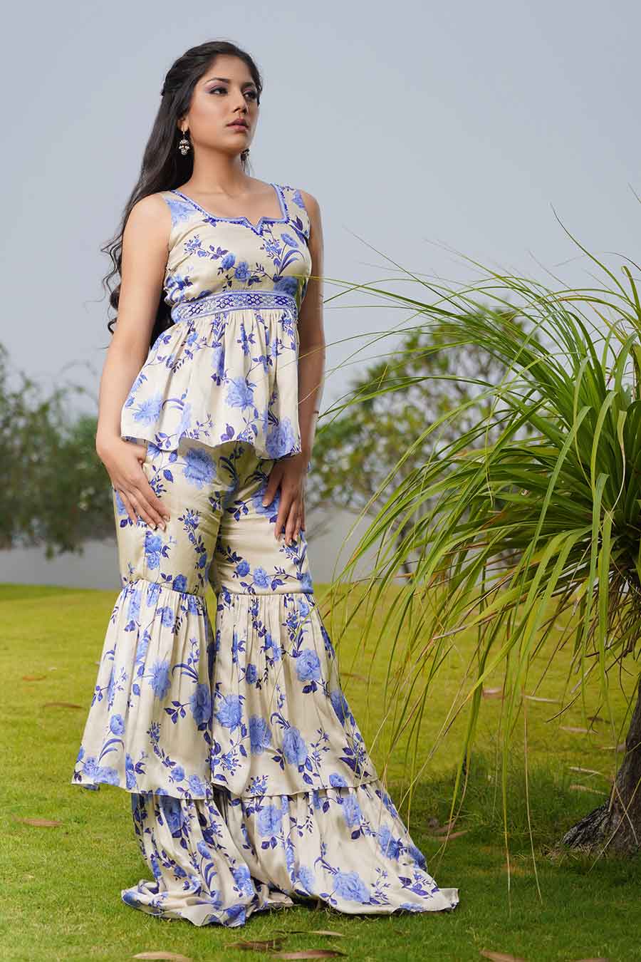 Blue Printed Peplum & Sharara Co-Ord Set