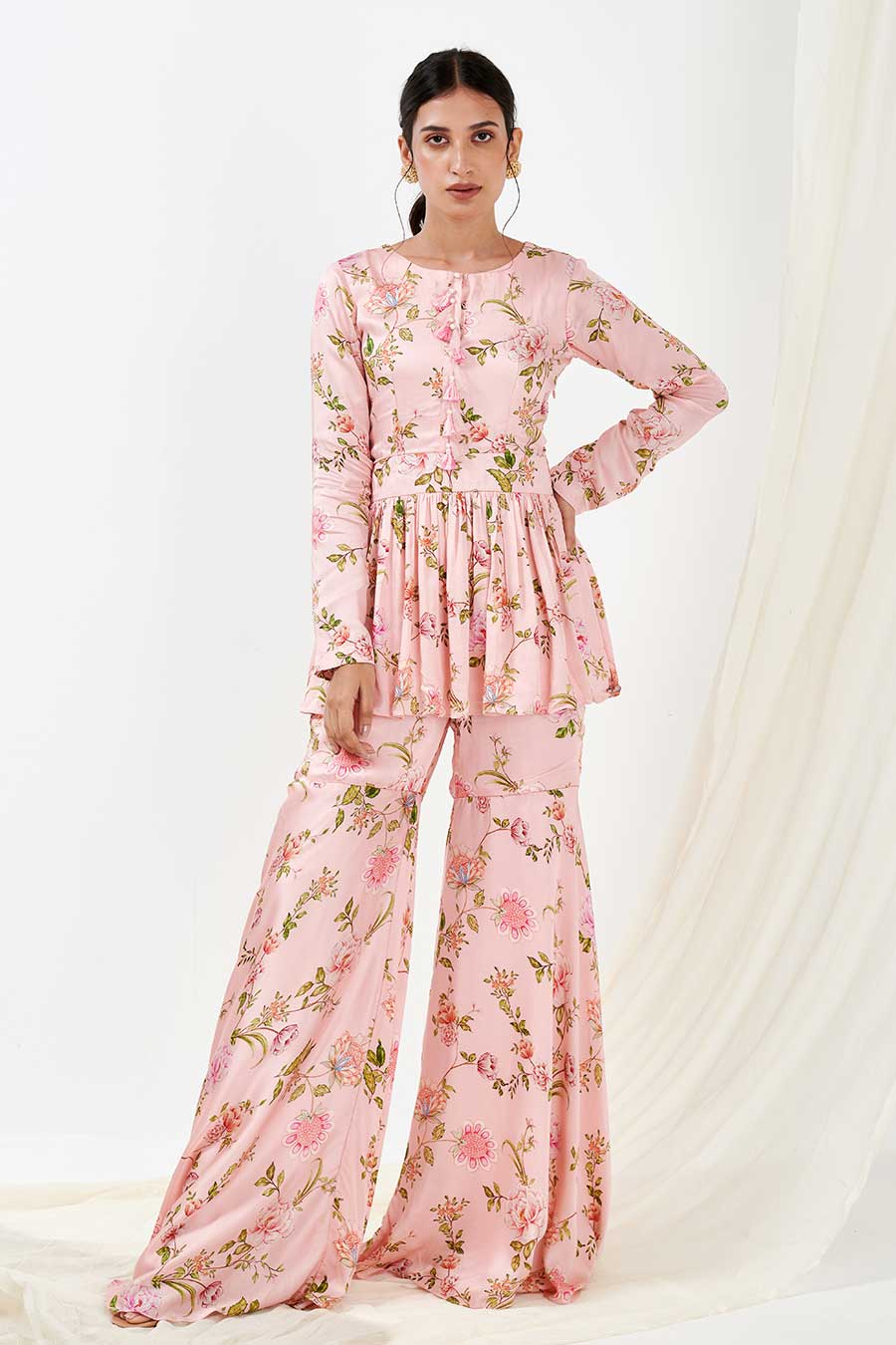 Pink Printed Peplum & Pants Co-Ord Set