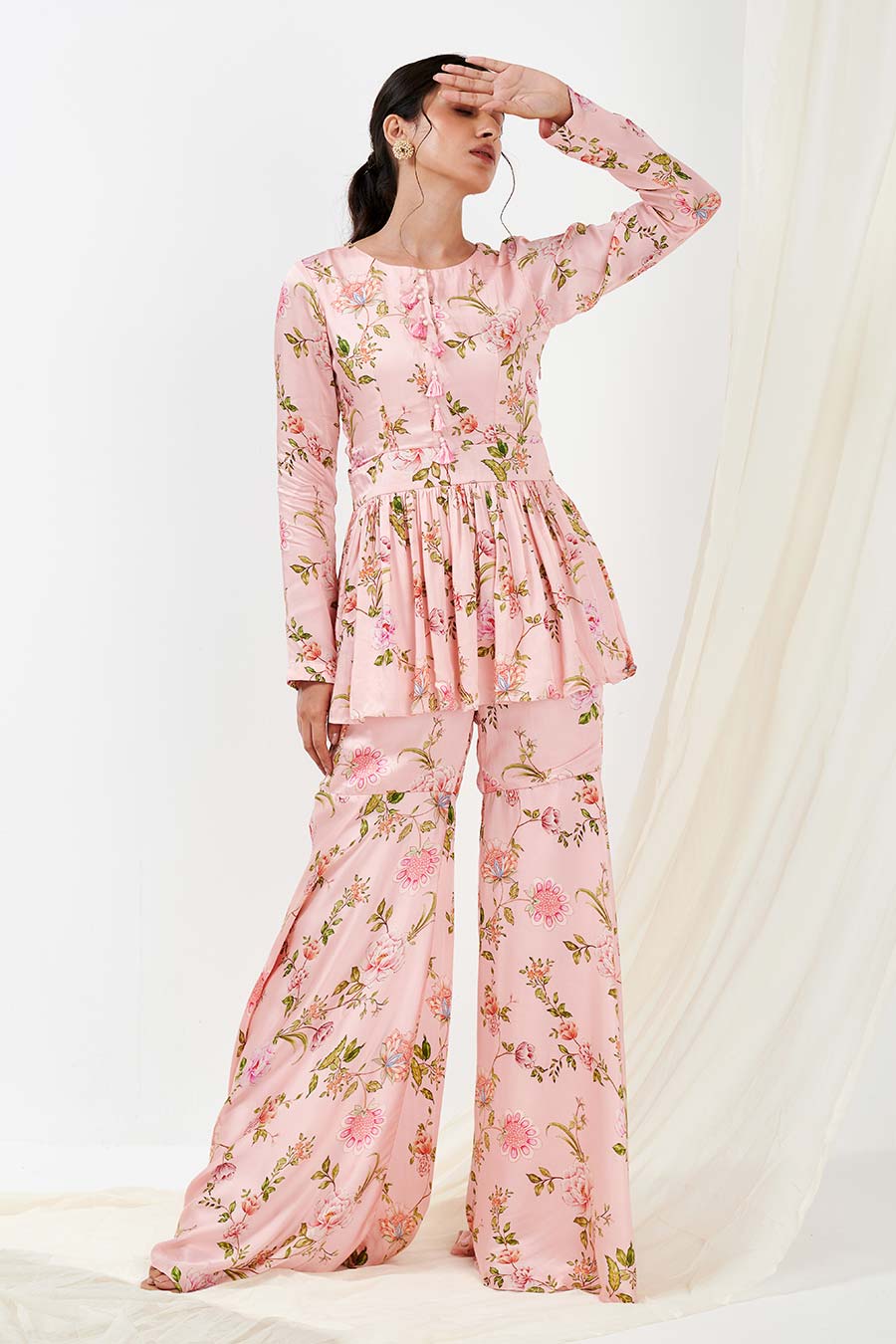 Pink Printed Peplum & Pants Co-Ord Set