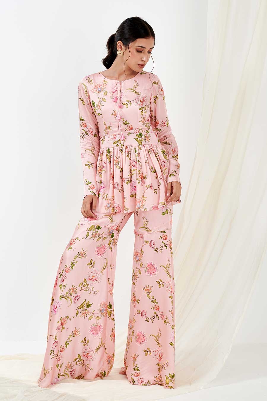 Pink Printed Peplum & Pants Co-Ord Set