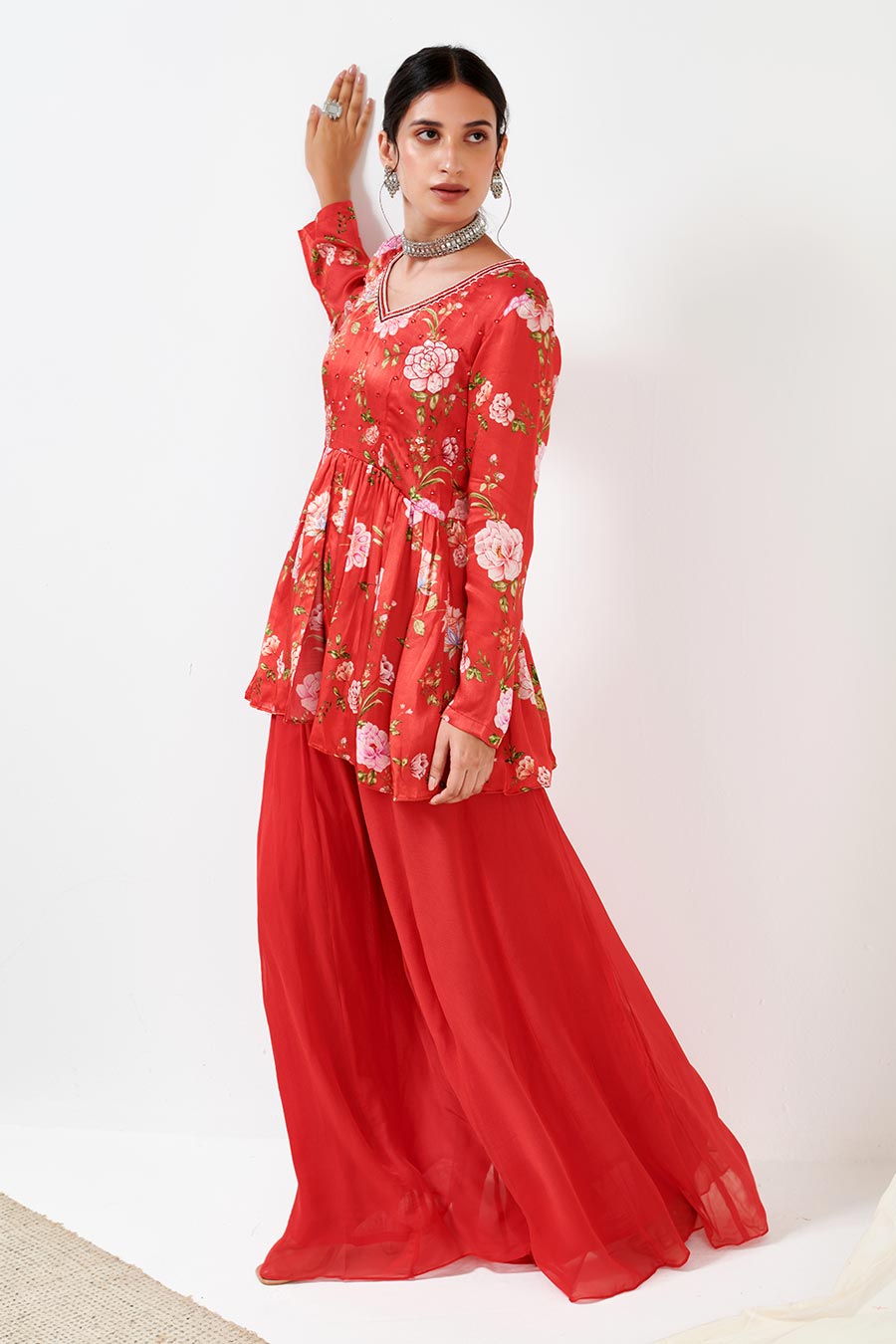 Red Printed Peplum & Sharara Co-Ord Set