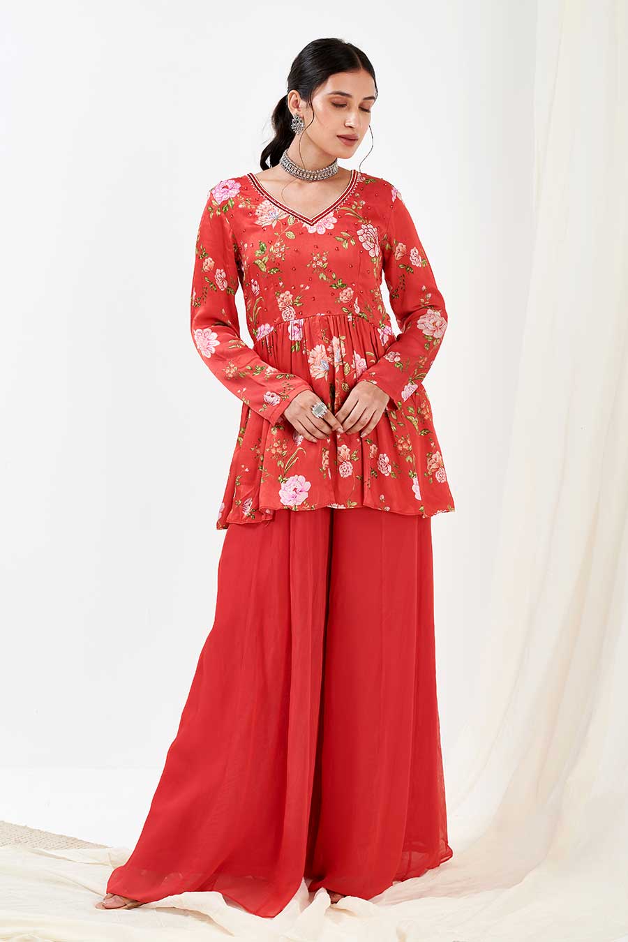 Red Printed Peplum & Sharara Co-Ord Set