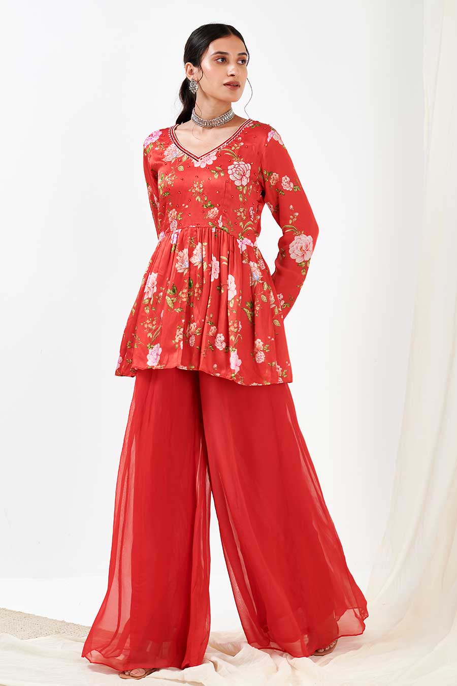 Red Printed Peplum & Sharara Co-Ord Set