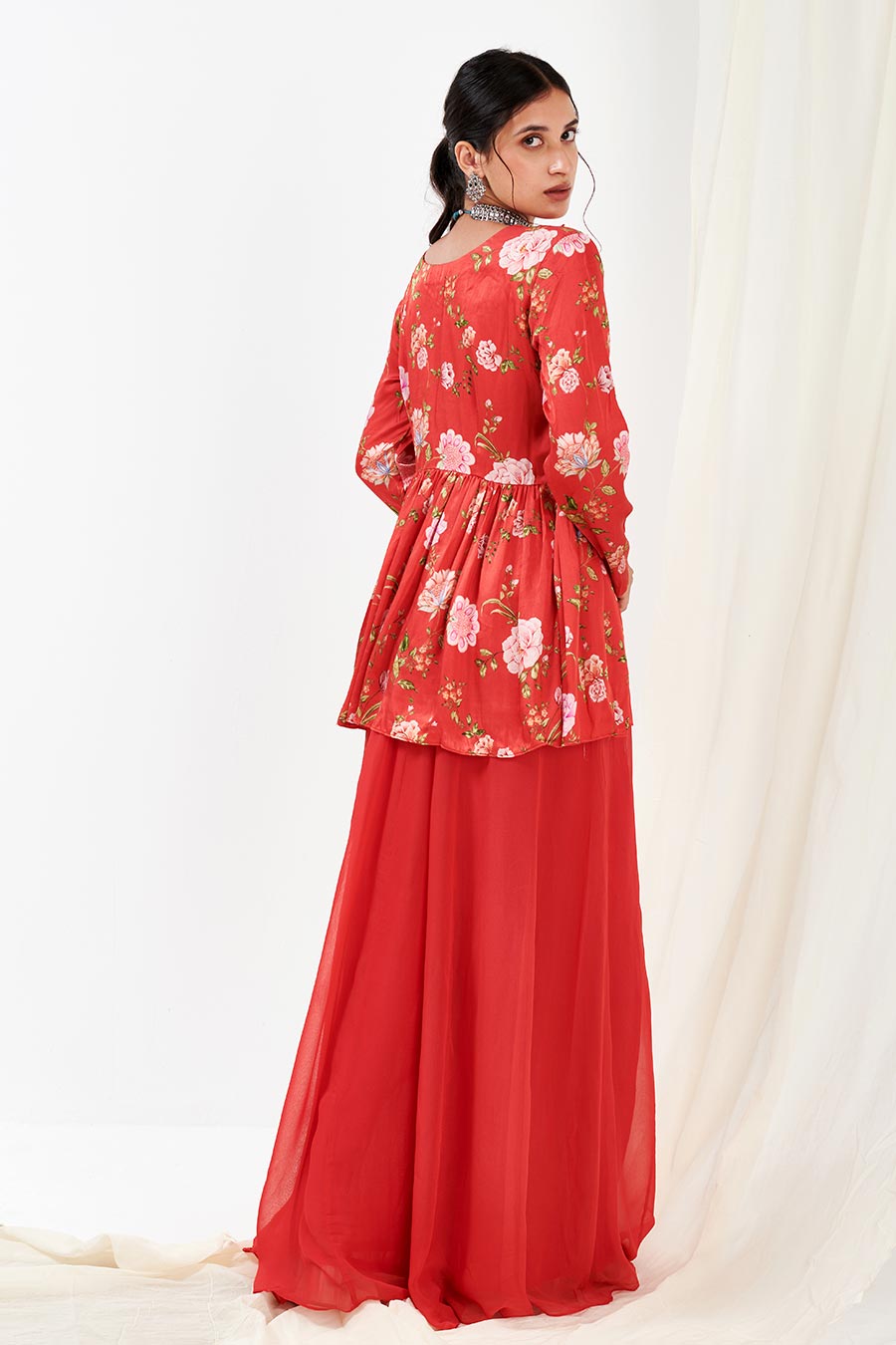 Red Printed Peplum & Sharara Co-Ord Set