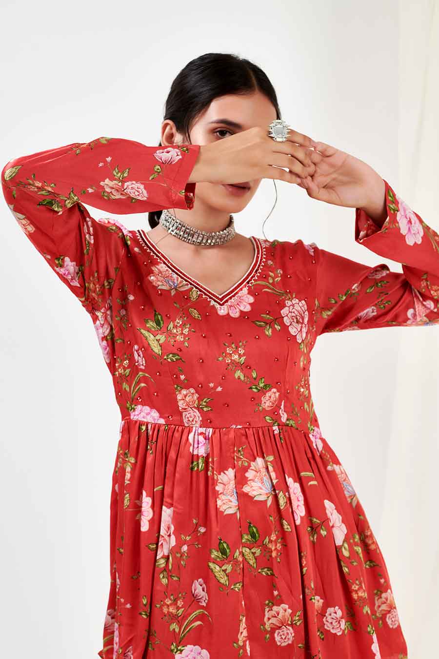 Red Printed Peplum & Sharara Co-Ord Set