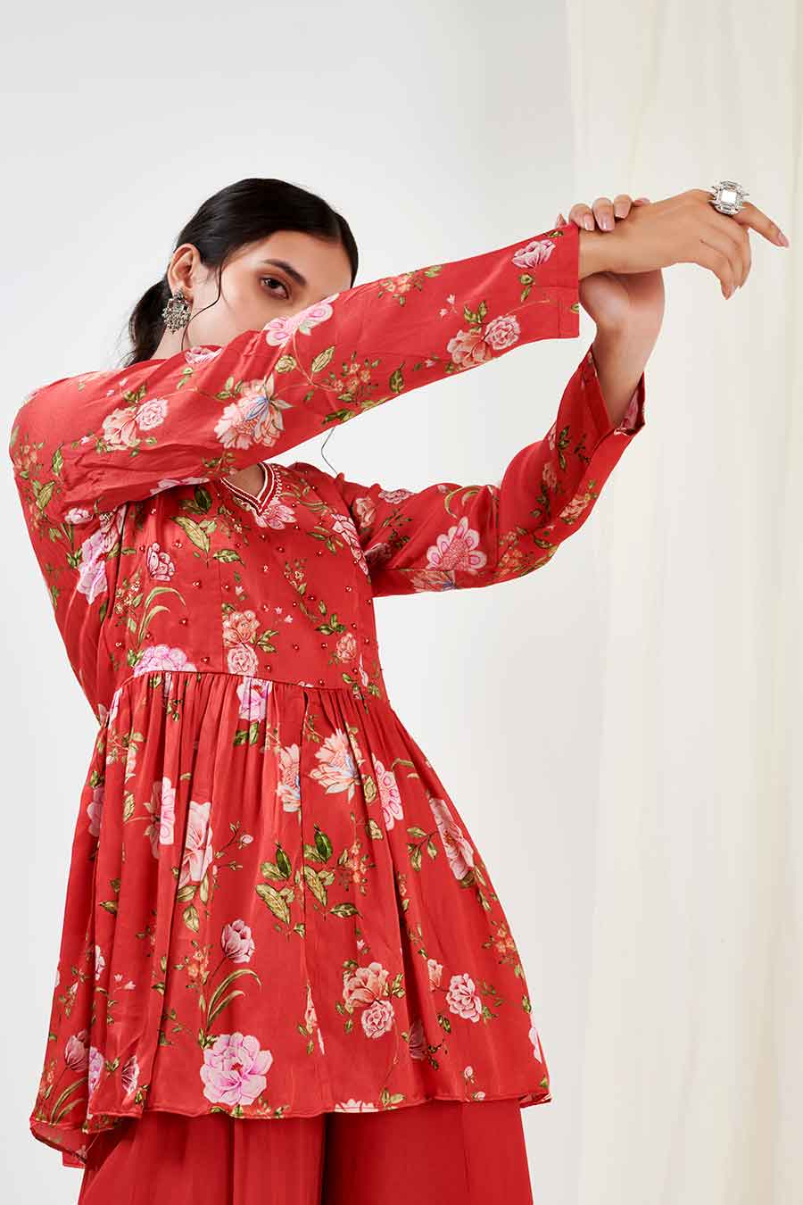 Red Printed Peplum & Sharara Co-Ord Set