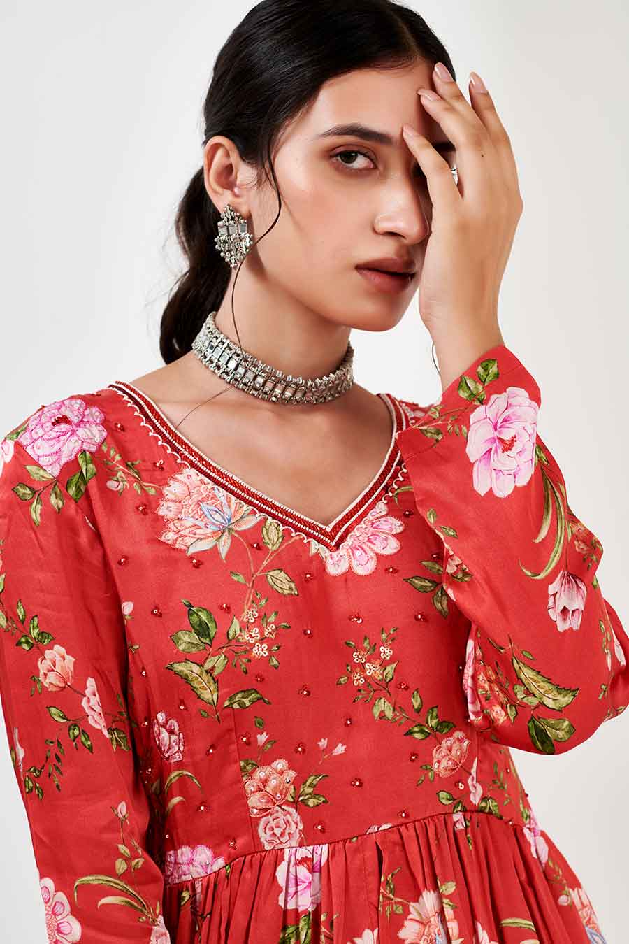 Red Printed Peplum & Sharara Co-Ord Set