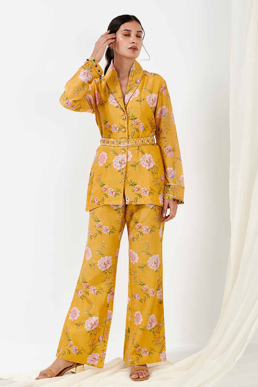 Yellow Printed Jacket & Pants Co-Ord Set