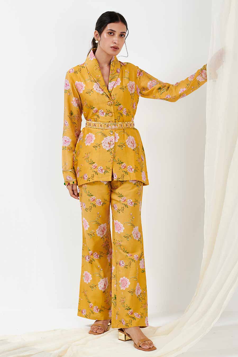 Yellow Printed Jacket & Pants Co-Ord Set