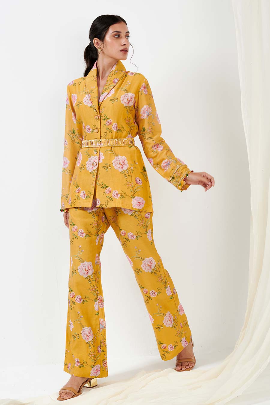 Yellow Printed Jacket & Pants Co-Ord Set