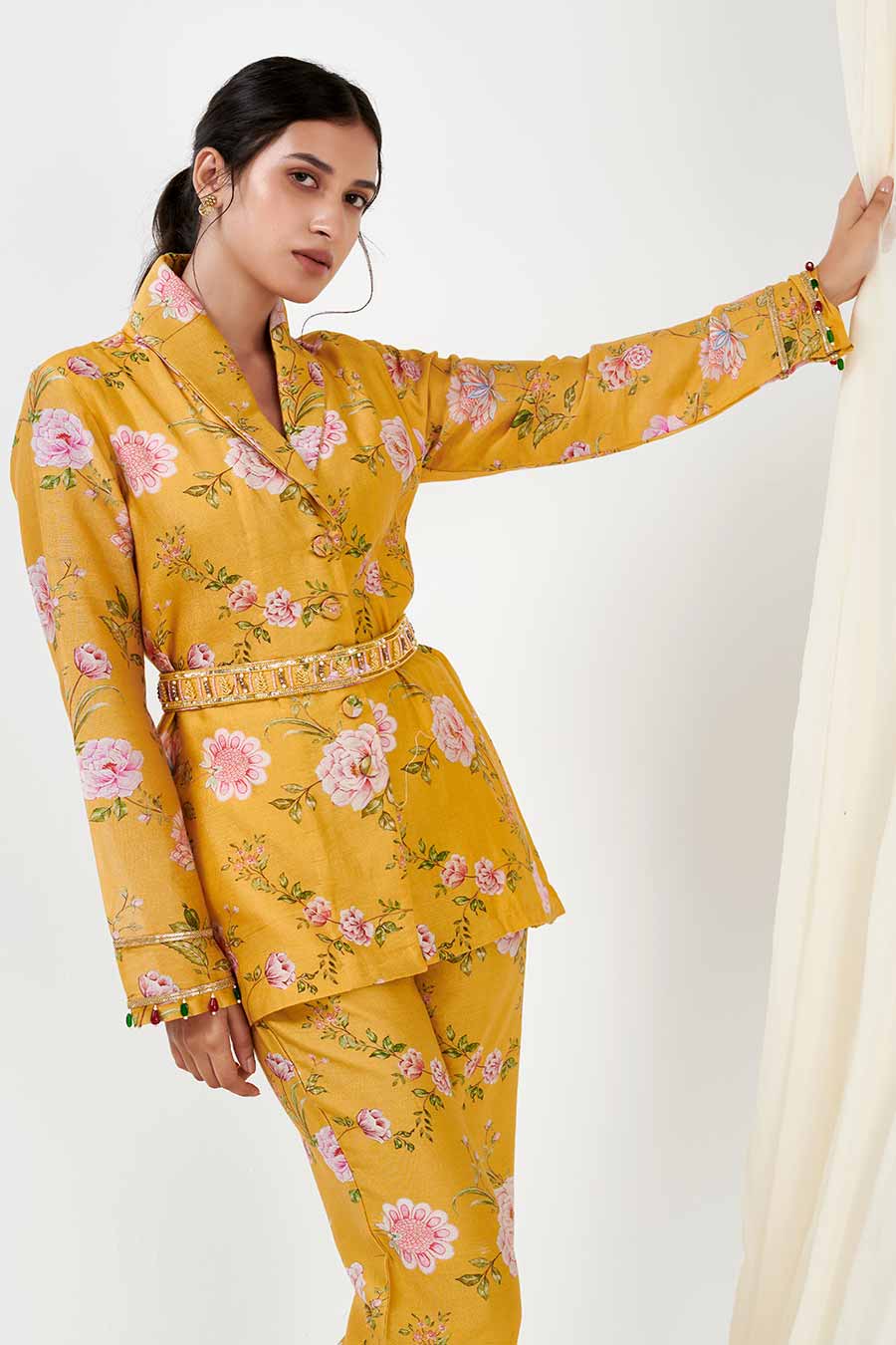 Yellow Printed Jacket & Pants Co-Ord Set