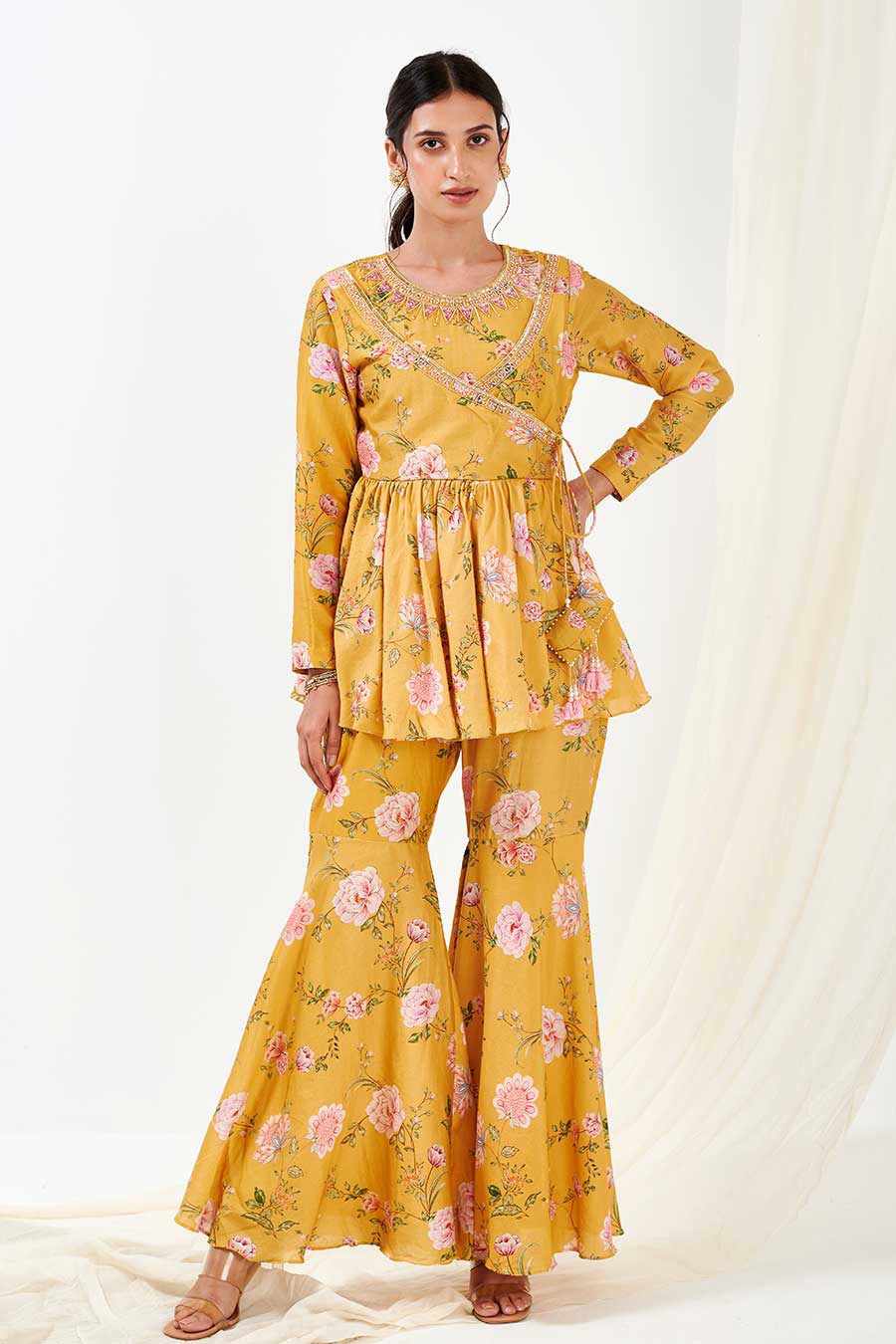 Yellow Printed Peplum & Pants Co-Ord Set