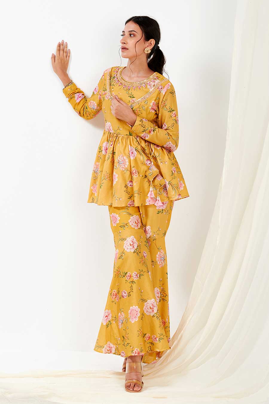 Yellow Printed Peplum & Pants Co-Ord Set