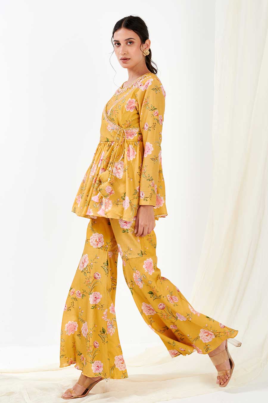 Yellow Printed Peplum & Pants Co-Ord Set