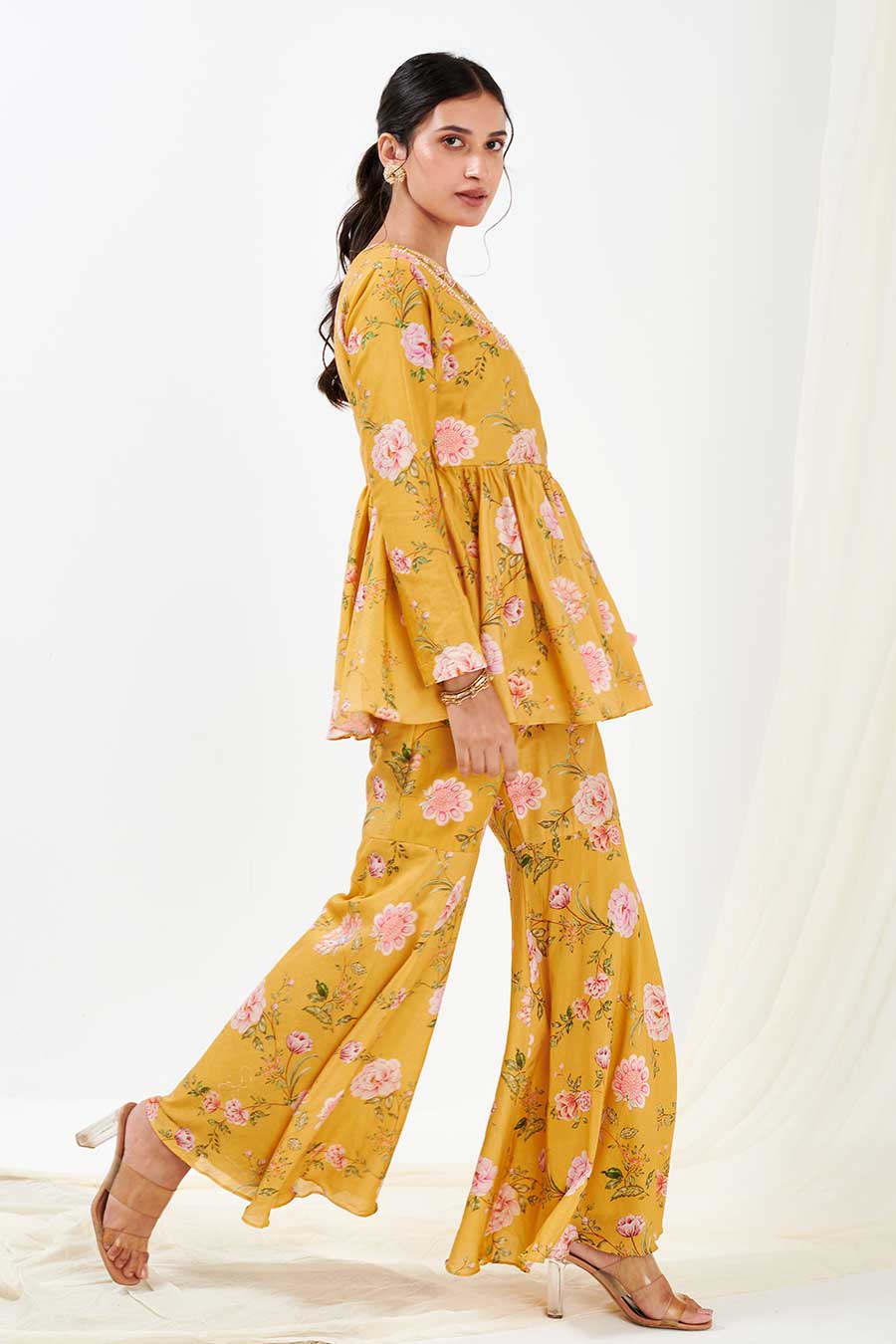 Yellow Printed Peplum & Pants Co-Ord Set