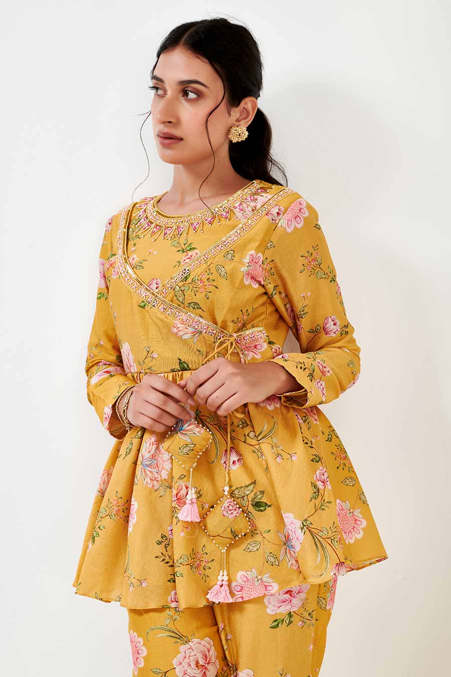 Yellow Printed Peplum & Pants Co-Ord Set