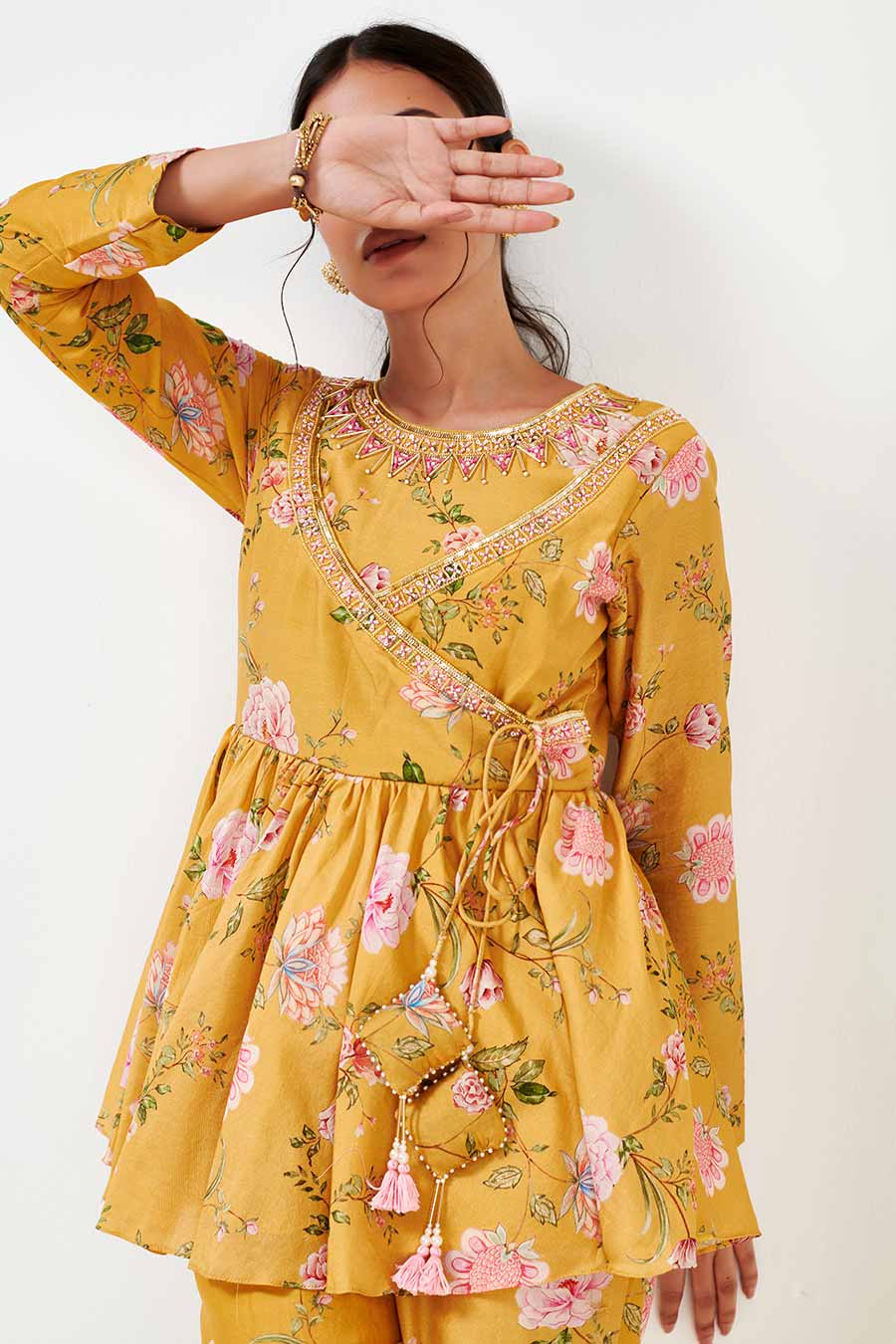 Yellow Printed Peplum & Pants Co-Ord Set