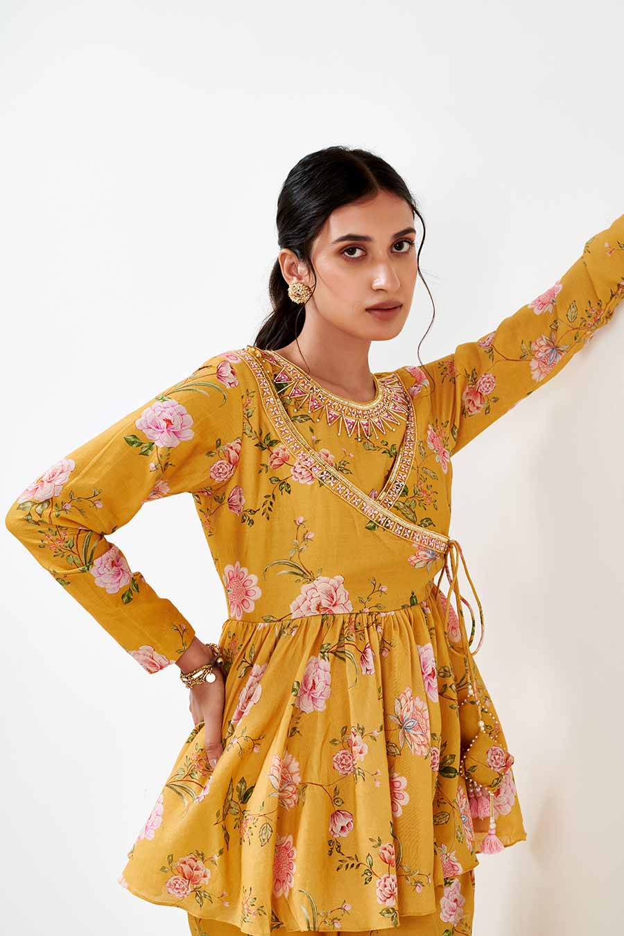 Yellow Printed Peplum & Pants Co-Ord Set
