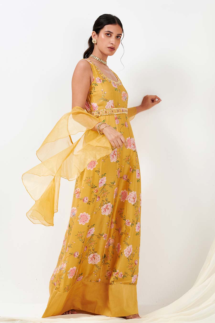 Yellow Embroidered Dress With Belt