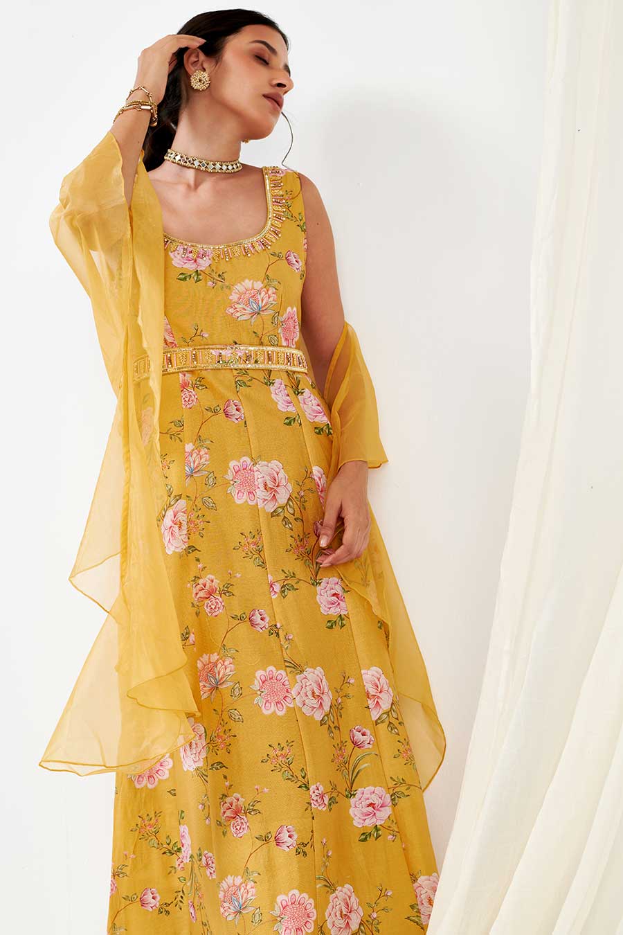 Yellow Embroidered Dress With Belt