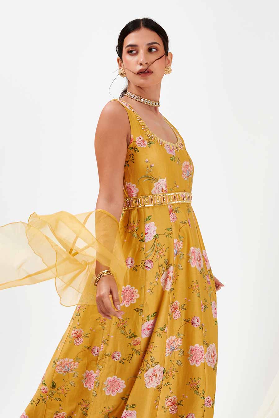 Yellow Embroidered Dress With Belt