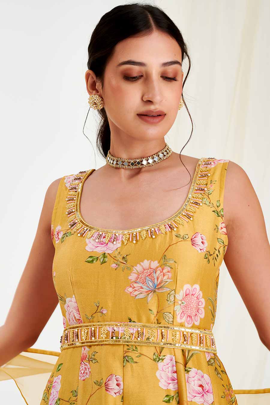 Yellow Embroidered Dress With Belt