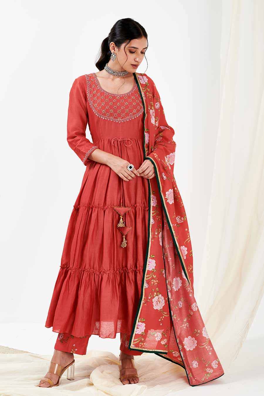 Red Layered Kurta & Pants Co-Ord Set