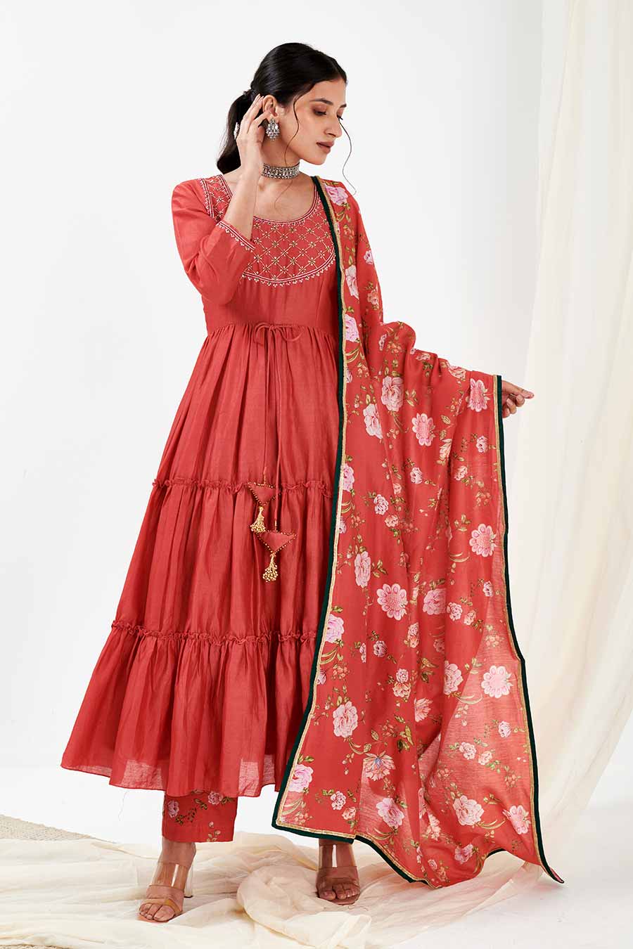 Red Layered Kurta & Pants Co-Ord Set