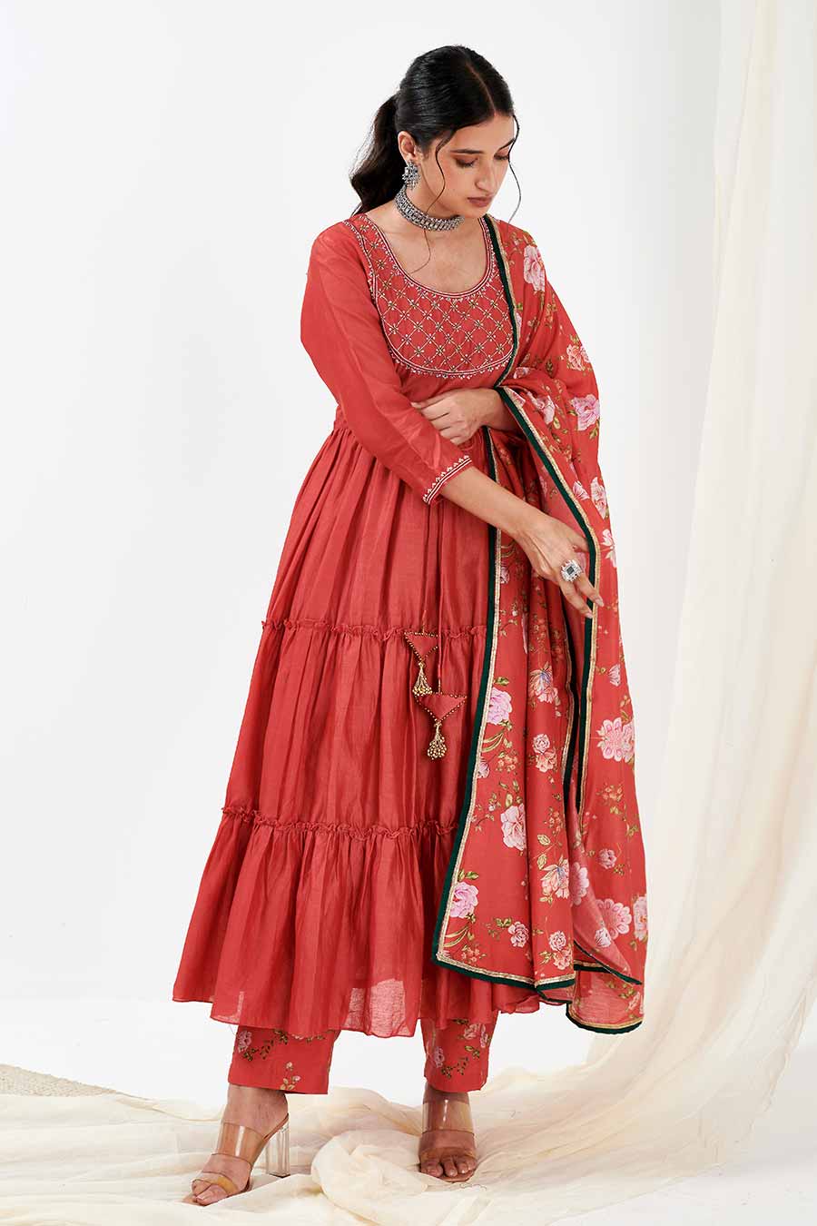 Red Layered Kurta & Pants Co-Ord Set