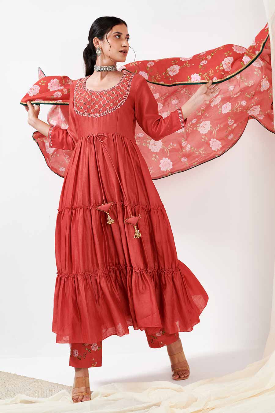 Red Layered Kurta & Pants Co-Ord Set