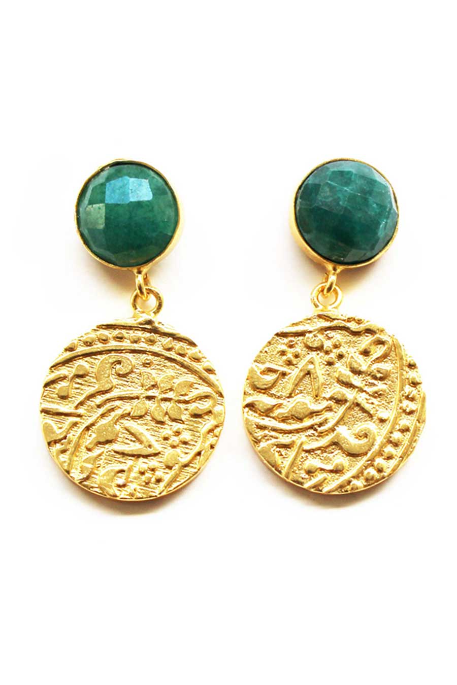 Vintage Coin Drop Earrings with Emerald Quartz
