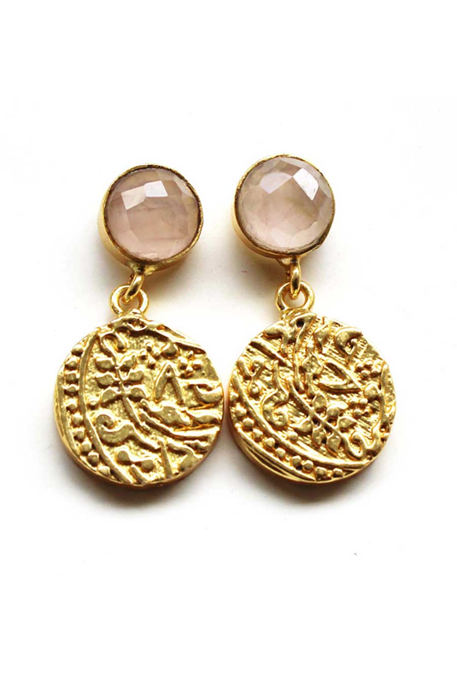 Vintage Coin Drop Earrings with Rose Quartz