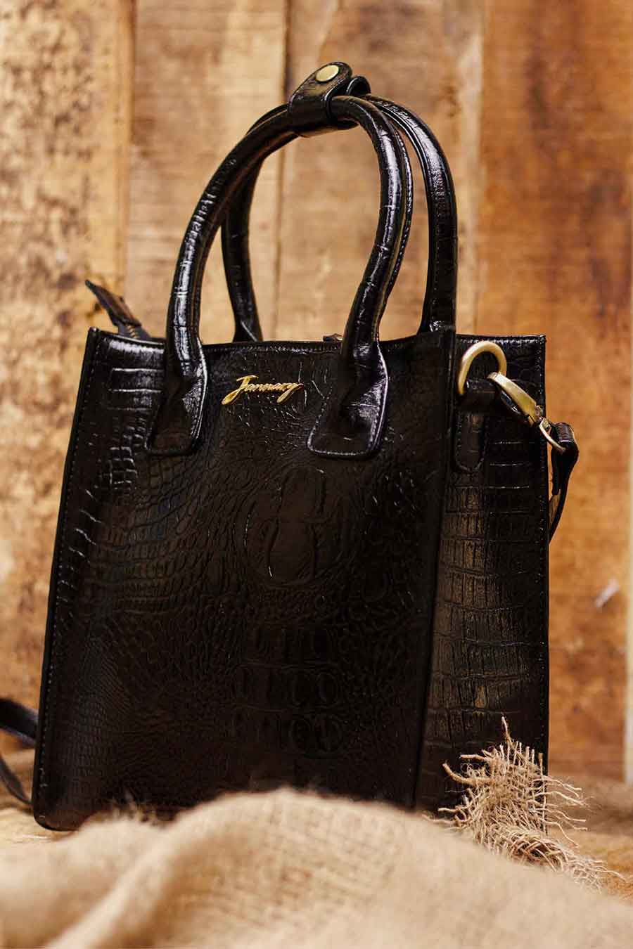 Black Gloss Croco Satchel Bag
