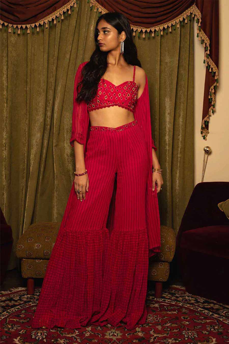 Red Sharara Set with Shrug (Set of 3)