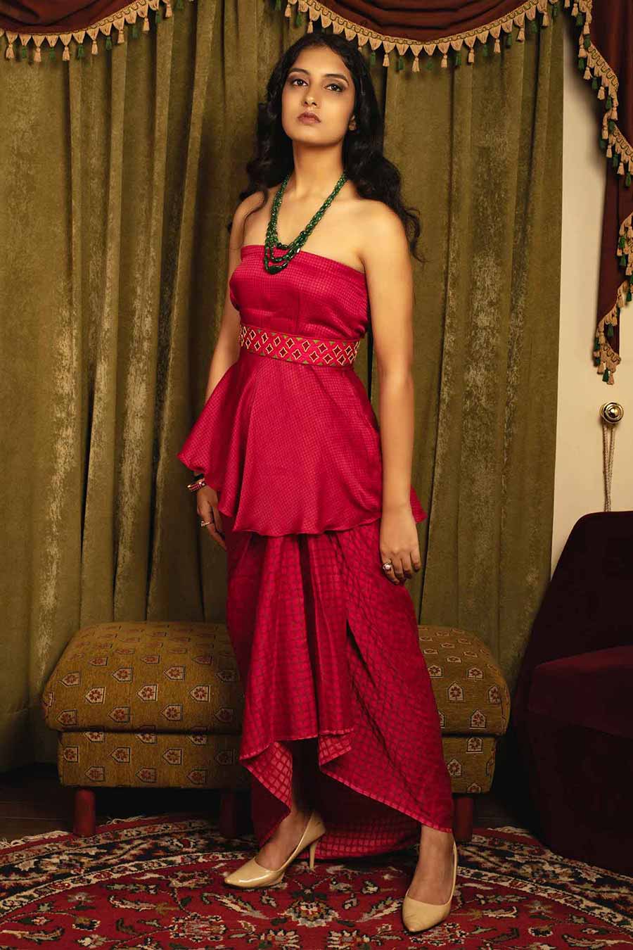 Red Lungi Skirt, Blouse & Belt Set (Set of 3)