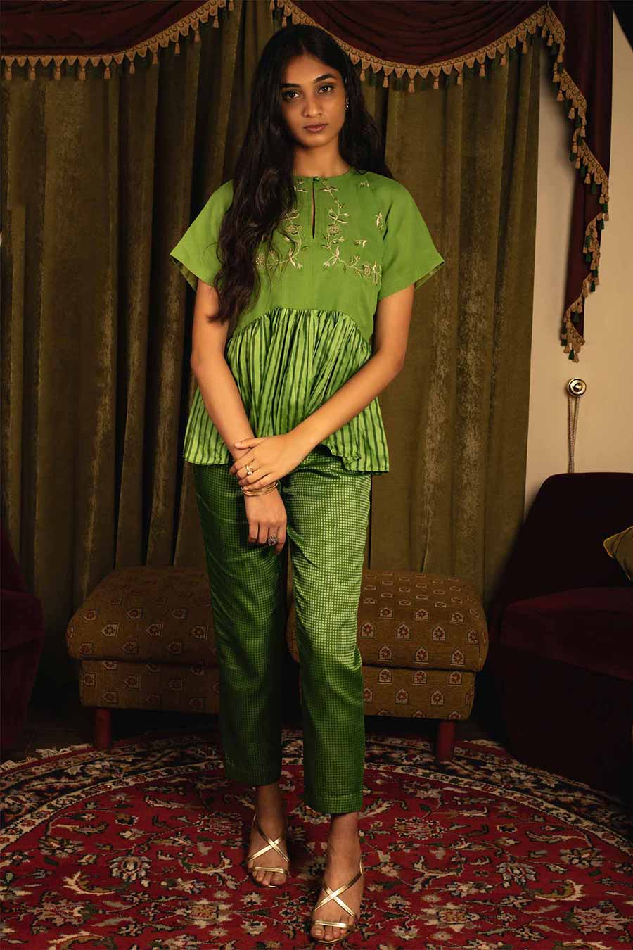 Green Silk Top and Pant Co-Ord Set