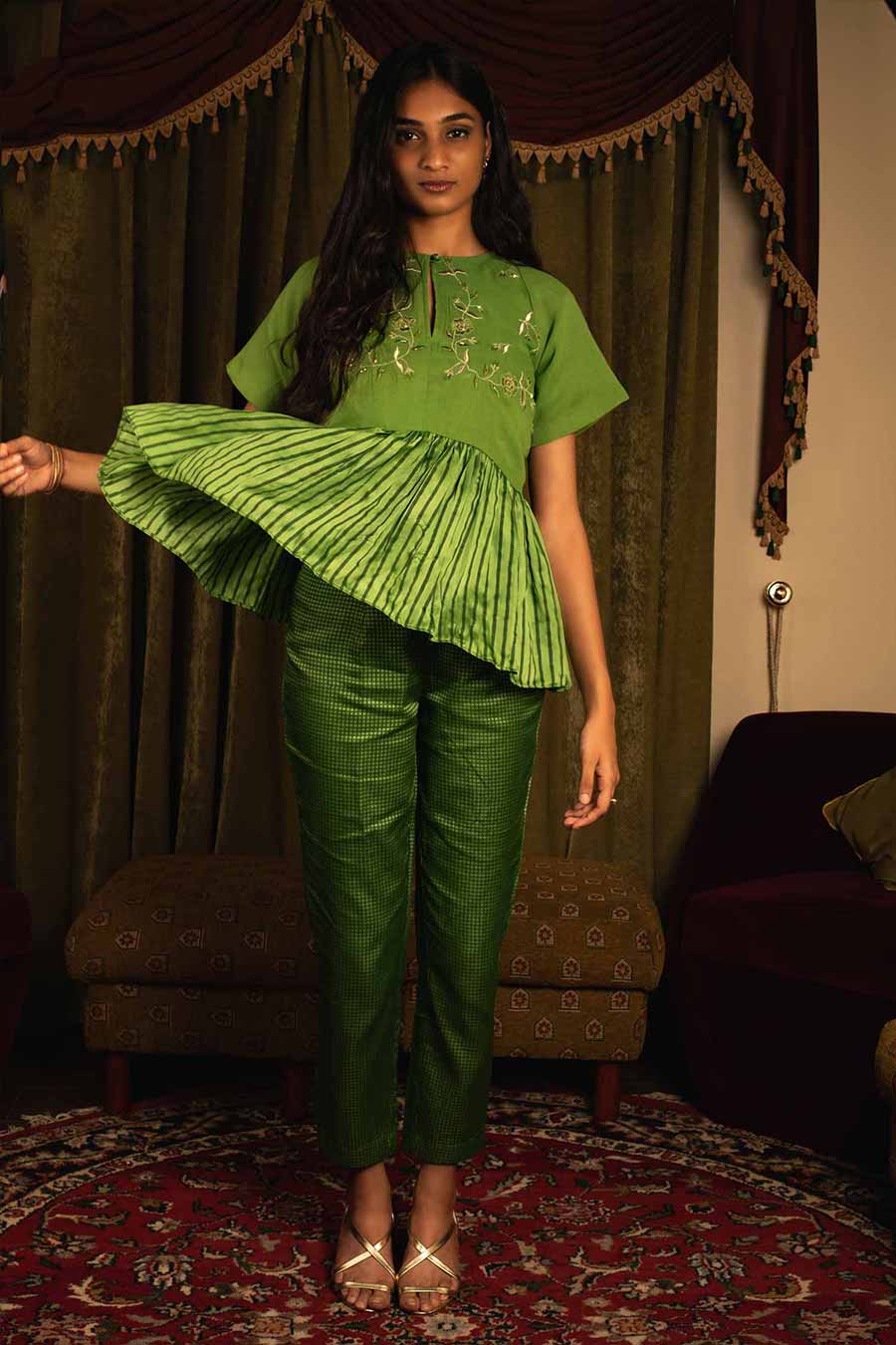 Green Silk Top and Pant Co-Ord Set