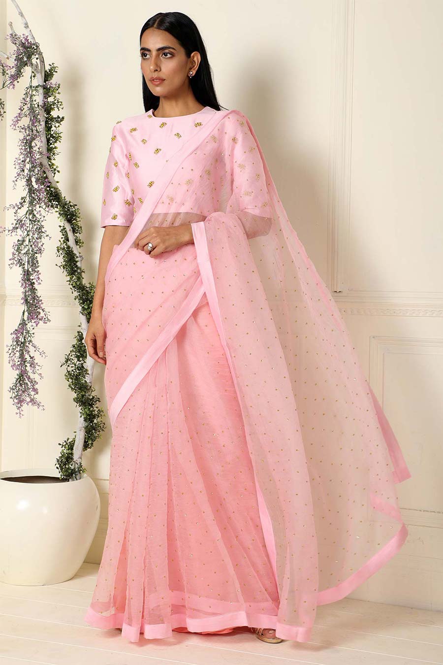 Embroidered Pink Organza Saree with Blouse