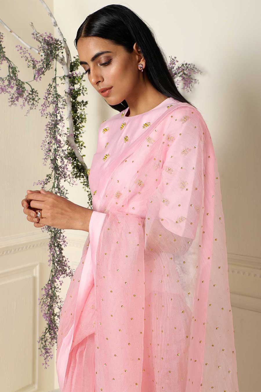 Embroidered Pink Organza Saree with Blouse