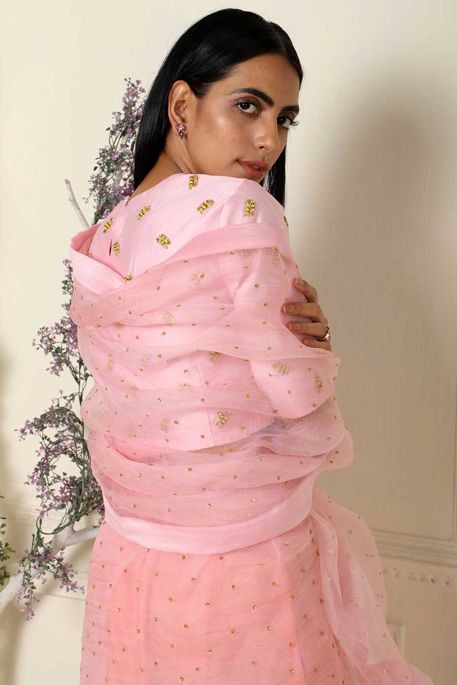 Embroidered Pink Organza Saree with Blouse
