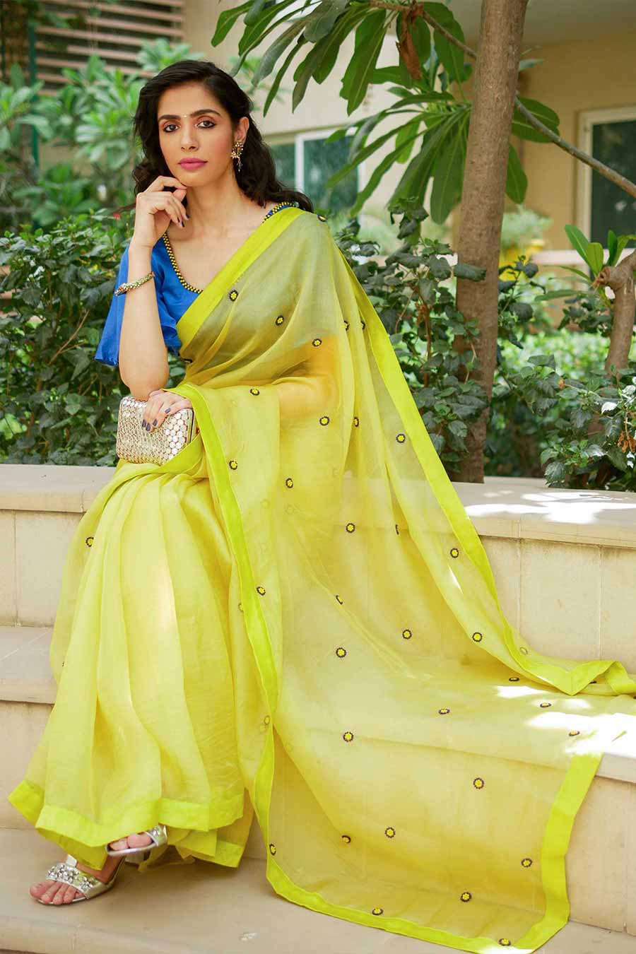 Embroidered Lime Organza Saree with Blouse